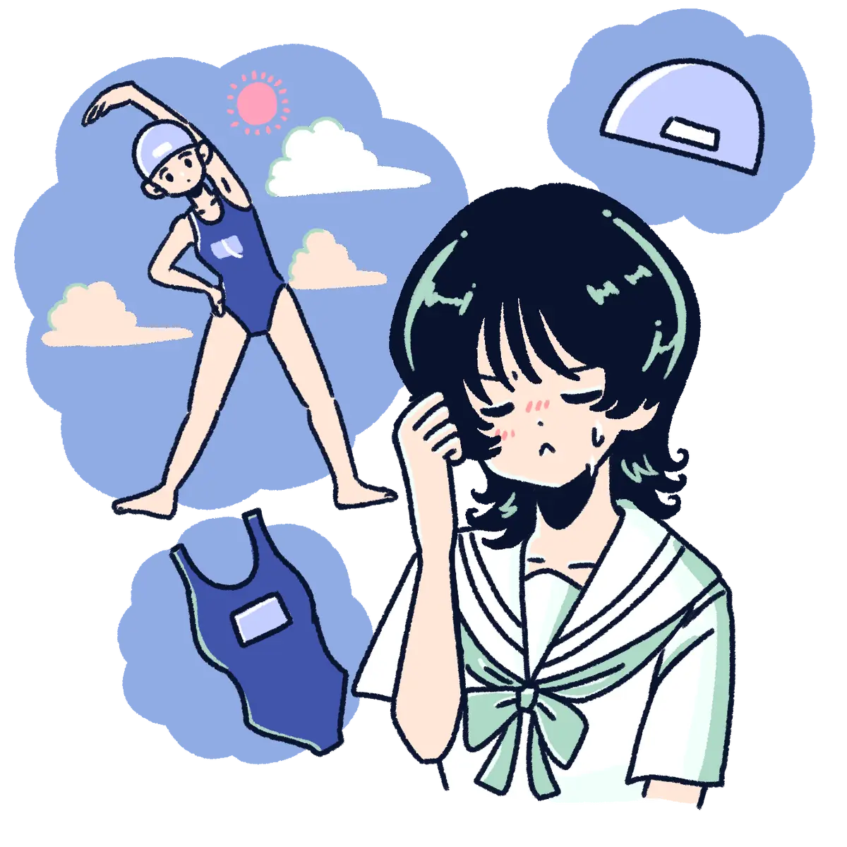 女子高生がプール授業前のムダ毛処理に悩んでいるイラスト