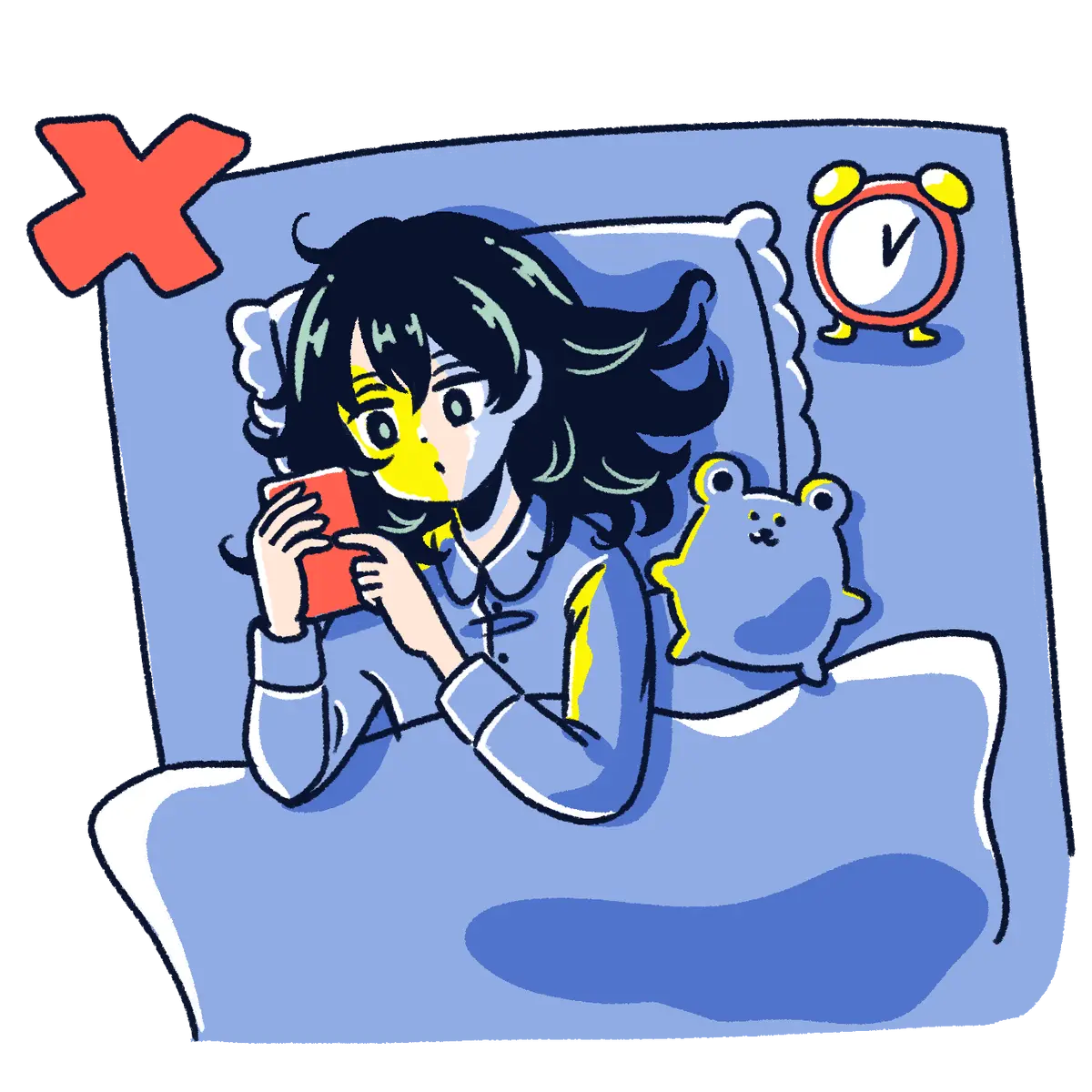 ベッドでスマホを触っている女子高生のイラスト