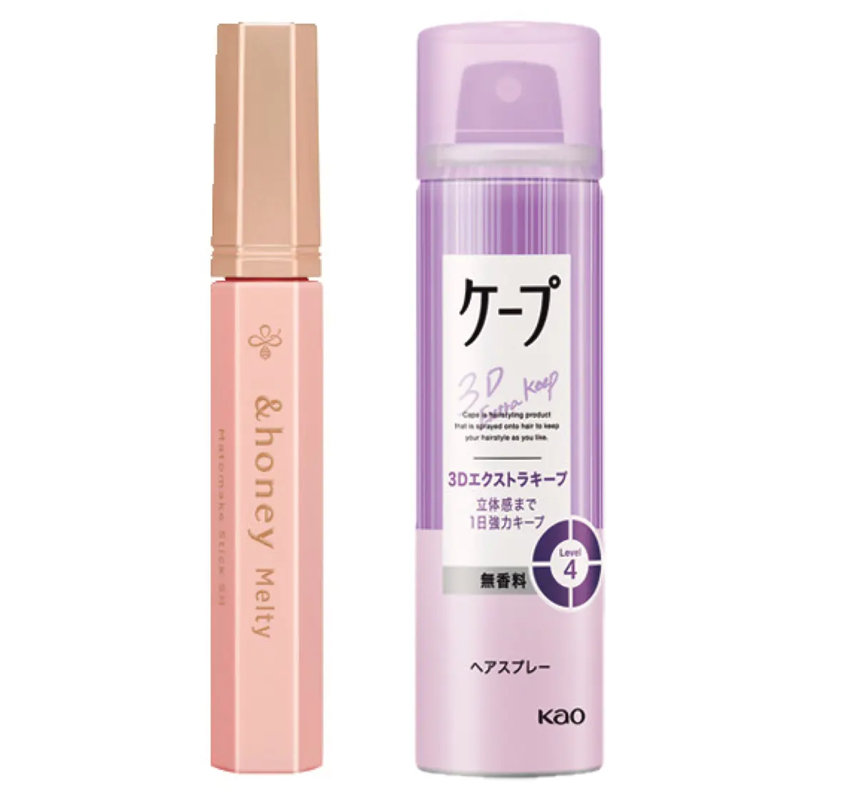 （右）立体感もボリュームもしっかりキープ。ケープ 3Dエクストラキープ 無香料 50g￥313（編集部調べ）／花王　（左）アホ毛をおさえたり、おくれ毛を整えたり。小まわり自在のマスカラ形状。アンドハニー メルティ マトメイク スティック スーパーホールド4.0￥1078／ヴィークレア
