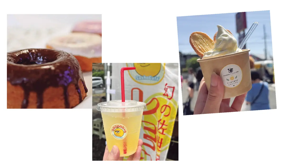 県内開催のマルシェやイベントで販売されるよ。［右から］さっぱり爽やかレモンソフト・佐世保レモネード・RICEドーナツ各種